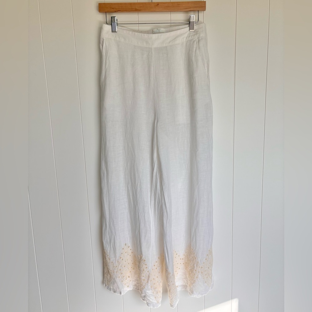 100% Linen Cynthia Rowley White Pants with Eyelet Hem Women’s Size Small/Medium